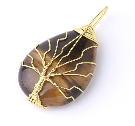 Natural Stone Pendant Gold Color Wire Wrap Gem