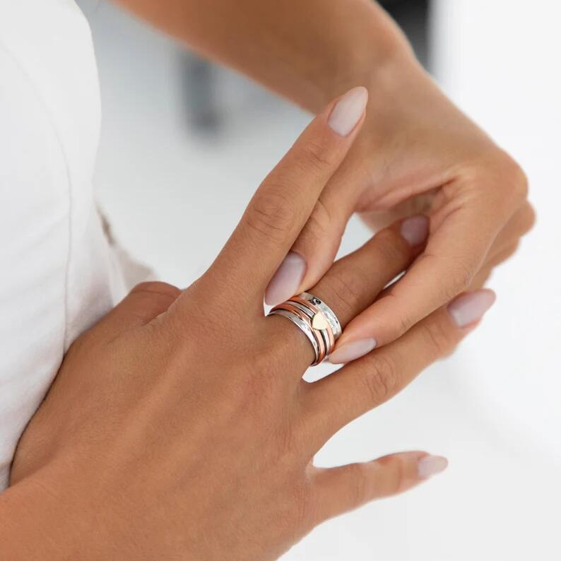Vintage Herz Drehbarer Ring Fidget Ringe für Frauen Anti Stress Angst Ring Spinner Ring Anti Sorge Stress Meditation Schmuck Geschenke für Mädchen