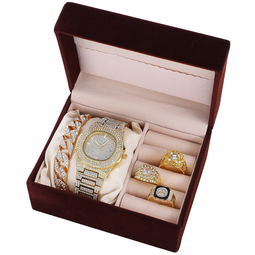 Vater Diamantbesetztes Kalender-Disc-Armbanduhrring-Mode-Temperament-Set Geschenkbox