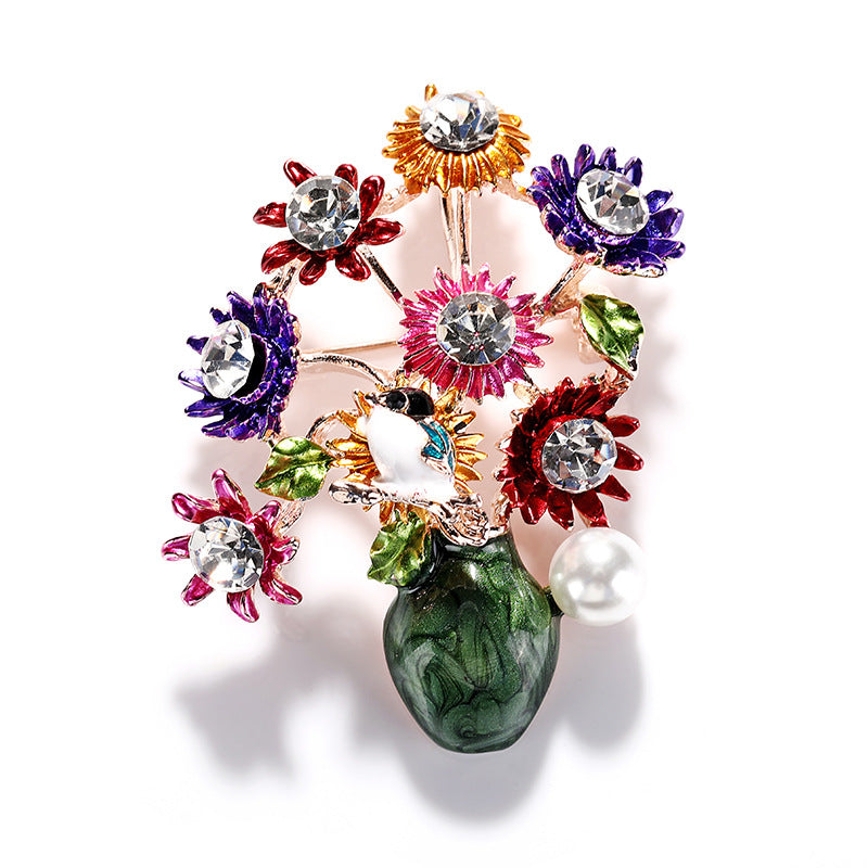Vase Flower Arrangement Painted Brooch