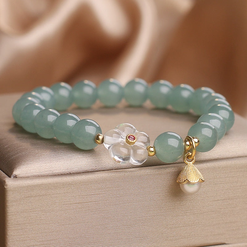 Pulsera de flores de cristal blanco de jade de agua azul para mujer