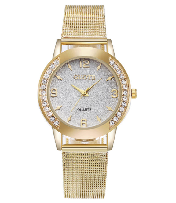 Golden Mesh Belt Men's And Women's Alloy Electronic Watch
