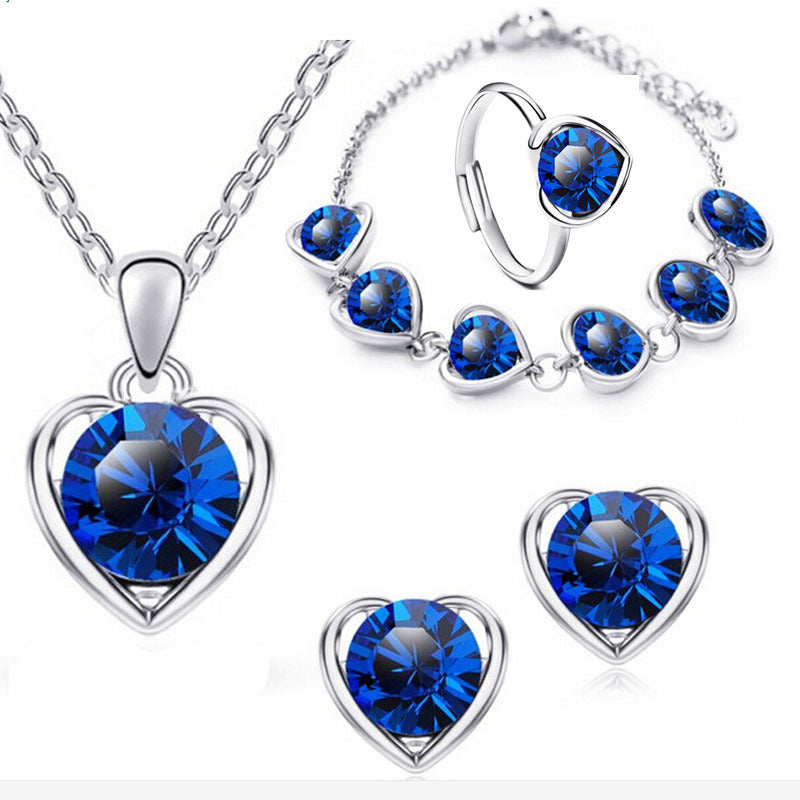 Mode Kristall Herz Herz Halskette Ohrringe Ring Armband Vierteiliges Set