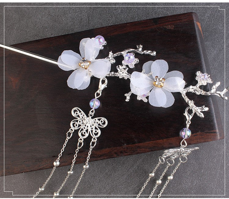 Accesorios para el cabello estilo antiguo Hanfu Horquilla con borla de rama de flor de ciruelo Taladro de flor blanca
