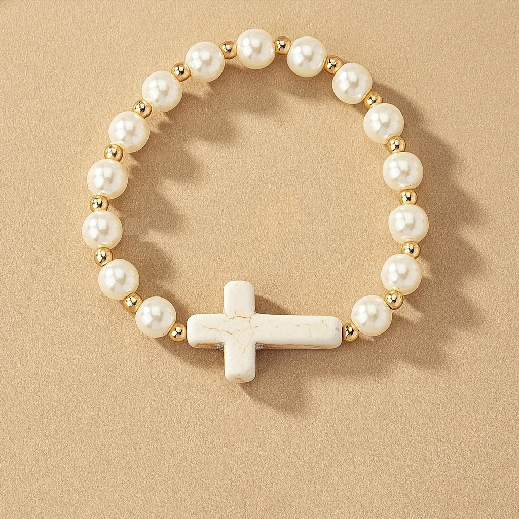 Pulsera Cruz Piedra Natural Perla