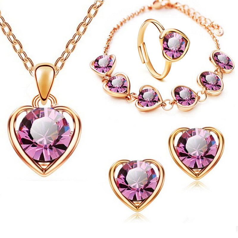 Mode Kristall Herz Herz Halskette Ohrringe Ring Armband Vierteiliges Set