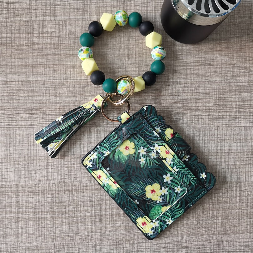 Llavero de pulsera de cuentas de silicona con estampado de leopardo