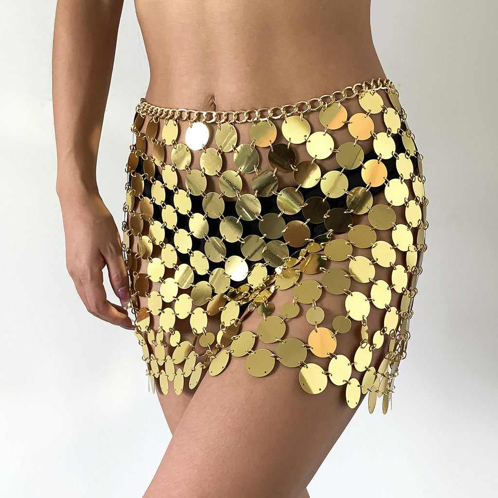 Falda de lentejuelas para mujer, cadena hueca de metal para el cuerpo, joyería