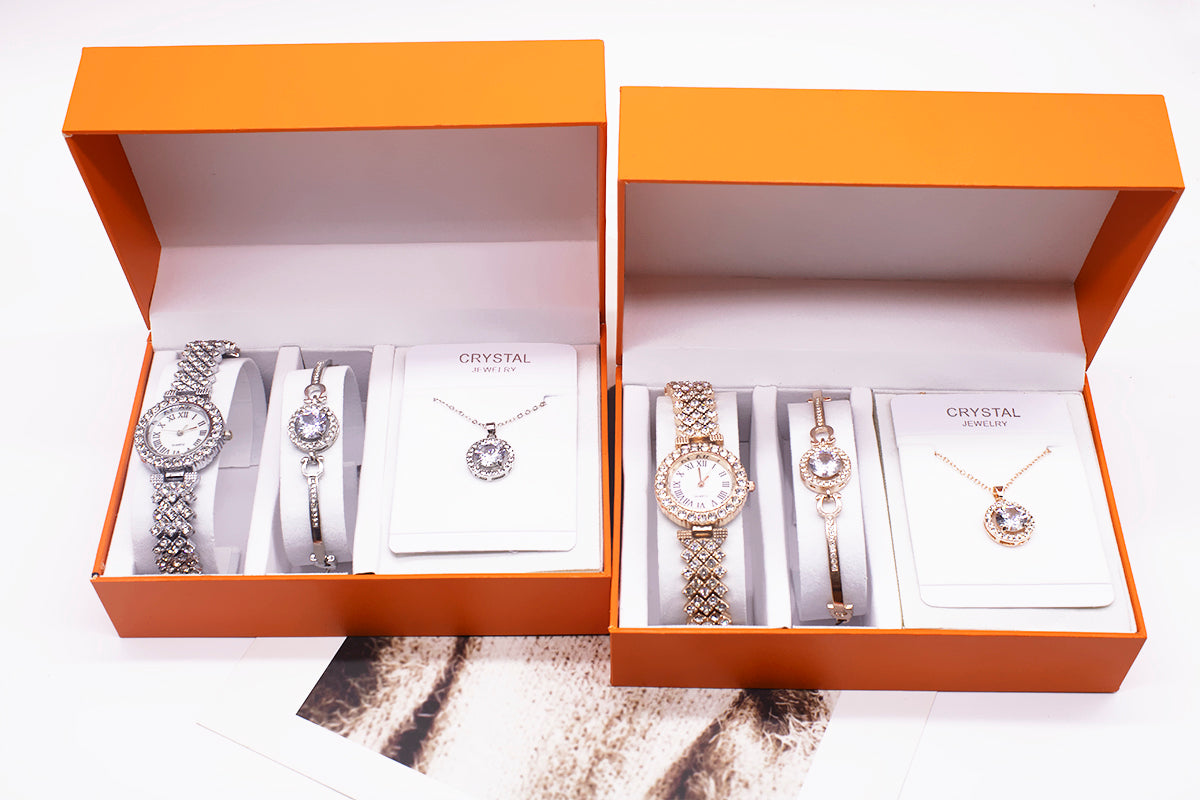 Juego de reloj de 3 piezas con pedrería, pulsera y collar