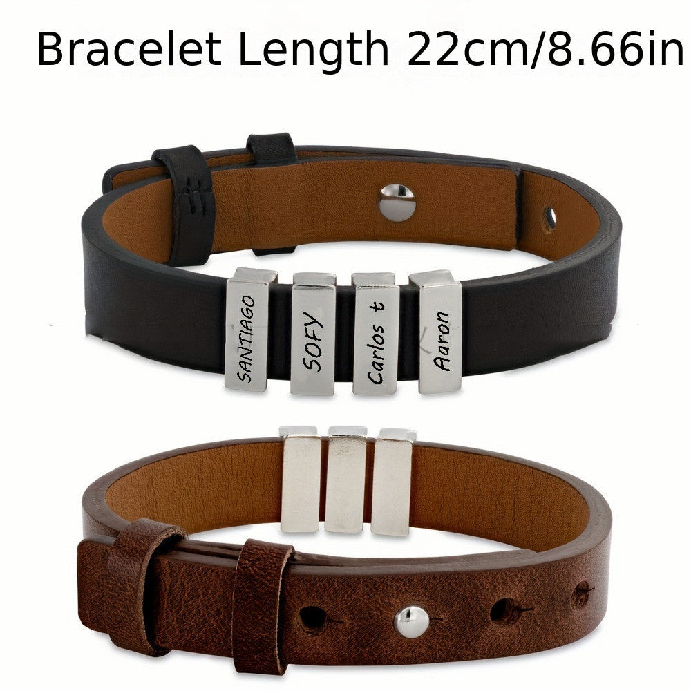 Pulsera con nombres familiares personalizada para hombres, brazalete de cuero con cuentas de acero inoxidable grabado, regalos para el Día del Padre