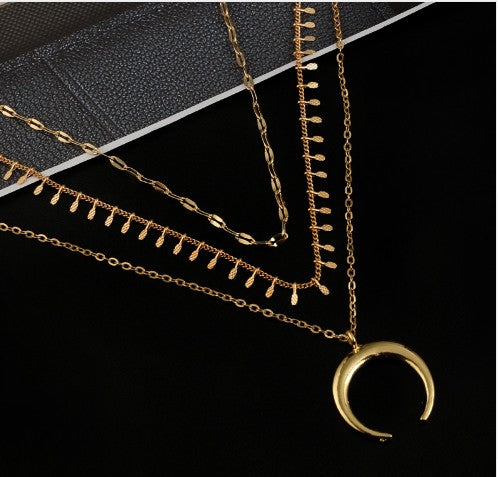 Gargantilla de cadena de capas con colgante de luna, joyería de cadena para niñas y mujeres