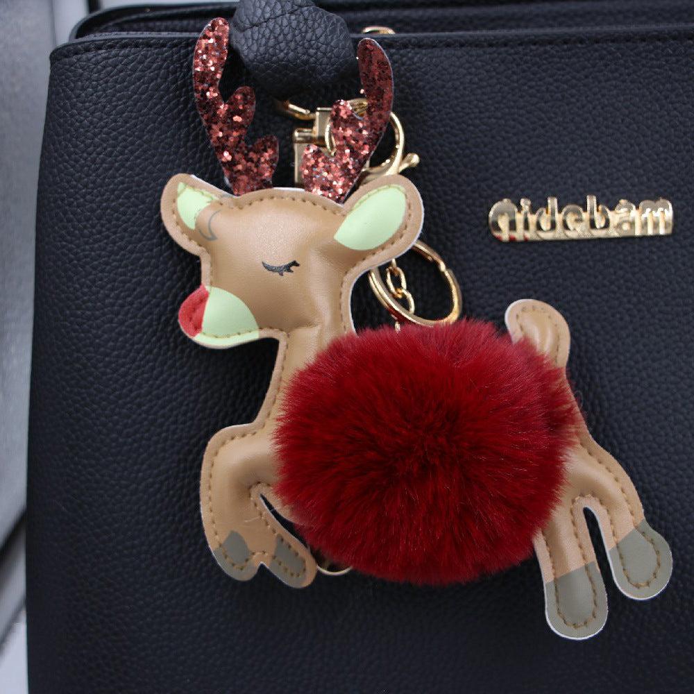 Llavero Colgante de Reno Navideño con Pompones para Bolsos