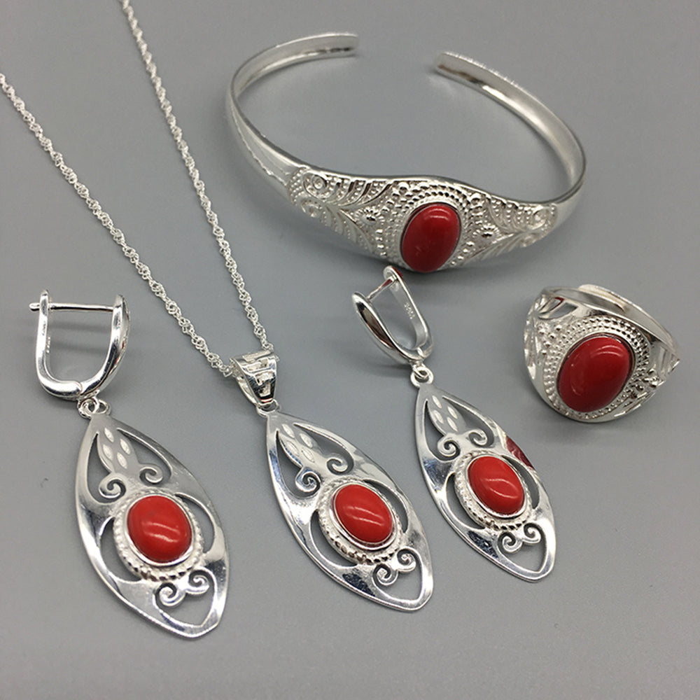 Ethnisch mongolisches Silberschmuckset Armband Vierteiliges Set