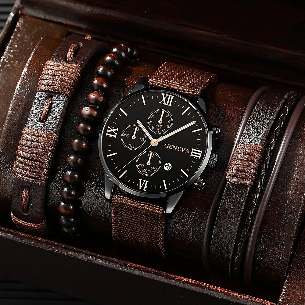 Uhrenarmband-Set mit einzelnen Kalenderfälschungen, drei Augen und Canvas-Quarzuhr