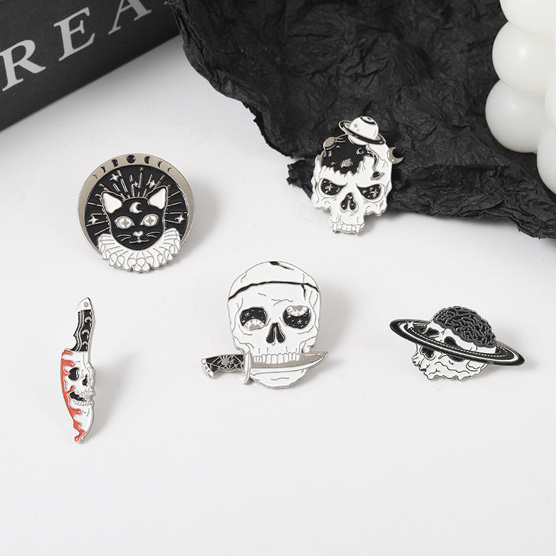 Broche de Calavera, Cabeza de Gato Negro, Insignia de Metal Horripilante