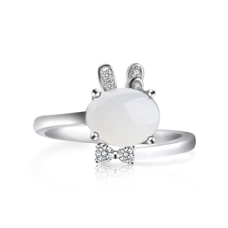 Großhandel Sterlingsilber 925 Retro Kaninchen Jade Verstellbare Damenringe Krappenfassung Jaspisringe