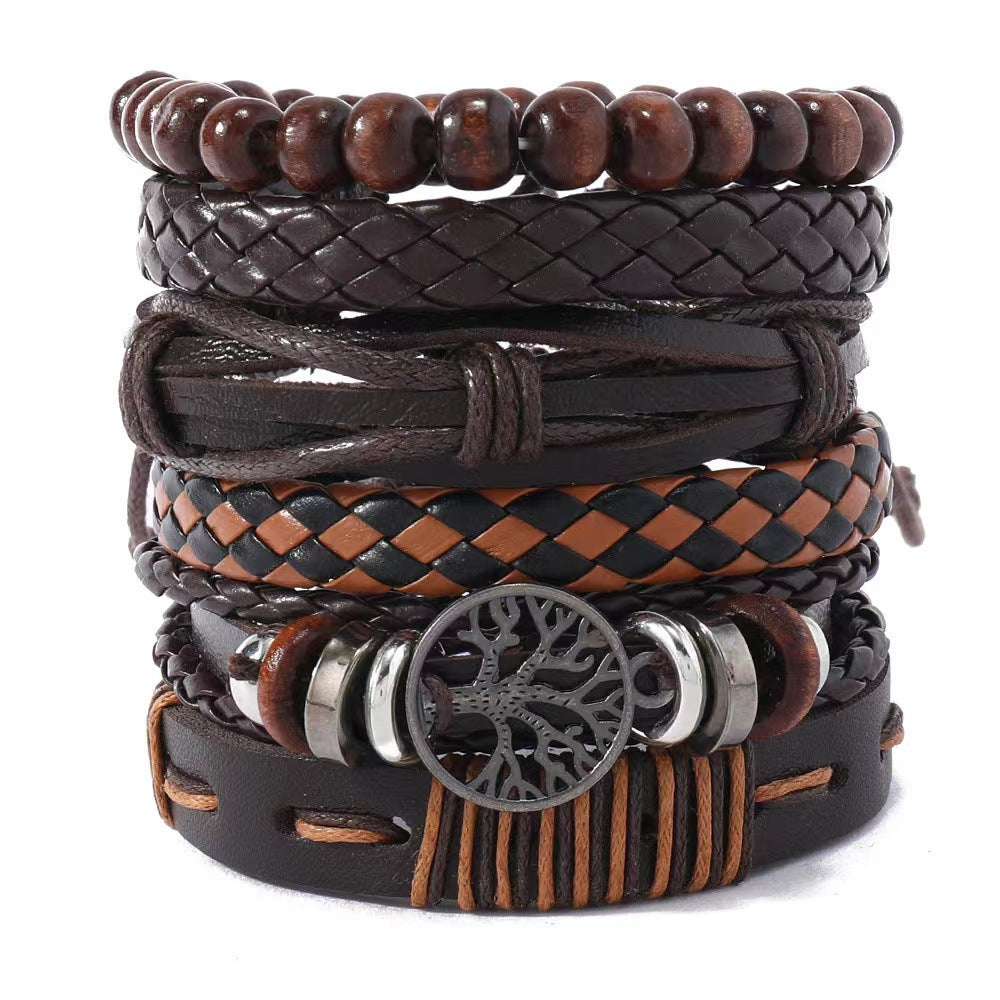European And American Men's Vintage Weave Multi-layer Leather Bracelet Lucky Tree Series Six-piece Set