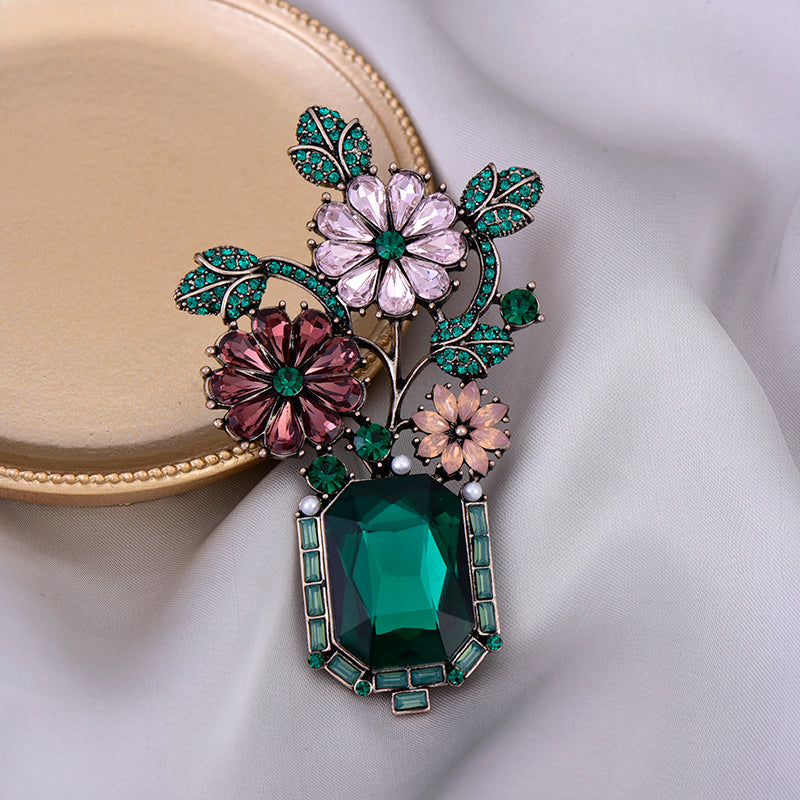 Gorgeous Vintage Green Rhinestone Colored Flowers Bonsai Flower Brooch Gold Tone Green Leaf Deep Red Orange Floral Vase Pin