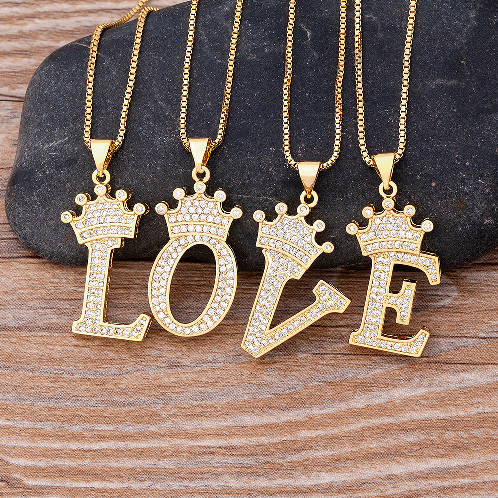 26 English Letter Pendants Women's Necklace Crown Letter Pendant Box
