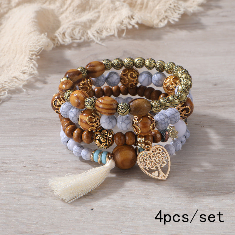 Pulsera Bohemia de Cuentas de Madera de Múltiples Capas
