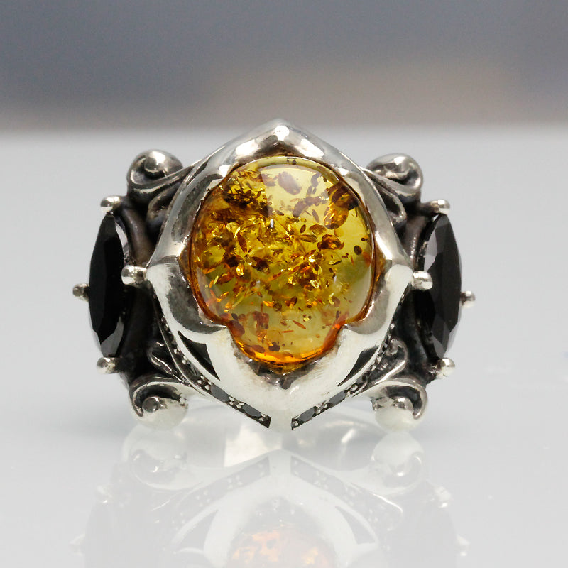 Anillo de plata tailandesa 925 retro con gema negra ámbar