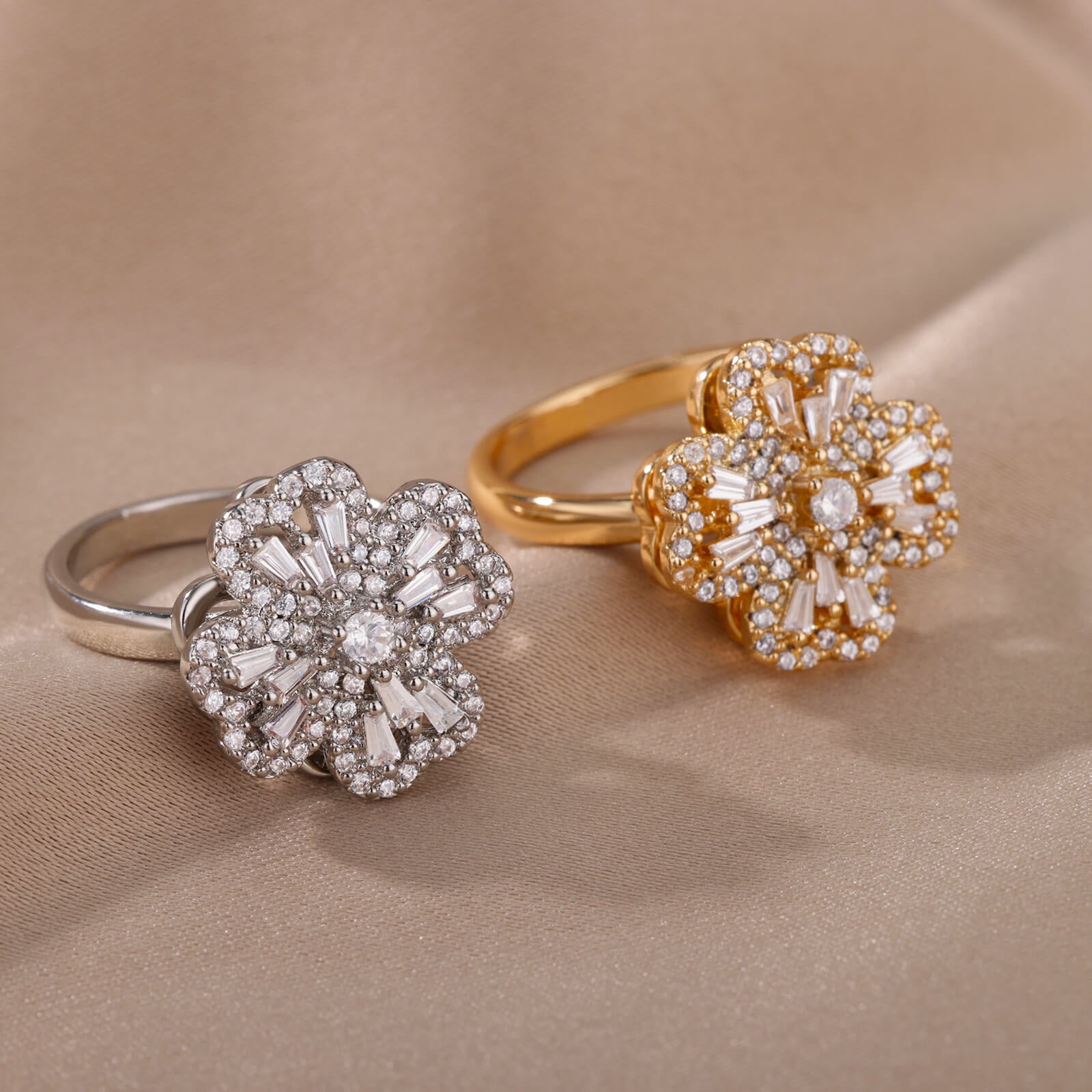 Anillos giratorios de flores con diamantes de imitación, anillo de descompresión antiestrés, moderno
