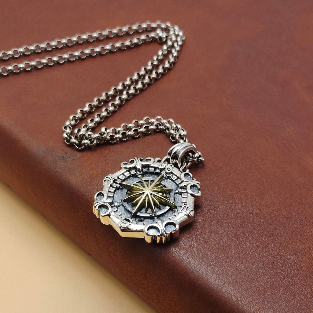 Men's Fashion Sterling Silver Deep Sea Compass Dog Tag Pendant