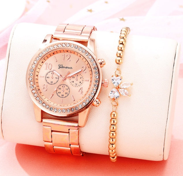 Pulsera de reloj de diamantes, reloj con correa de acero inoxidable, reloj de aleación Geneva