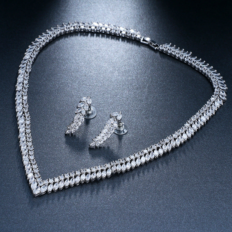 Brautschmuck Zirkon Blätter Halskette Ohrringe