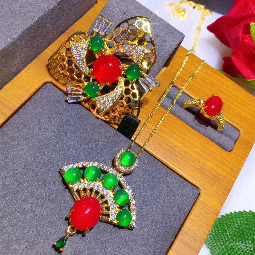China rojo natural cornalina conjunto anillo colgante broche cristal color puro buena incrustación