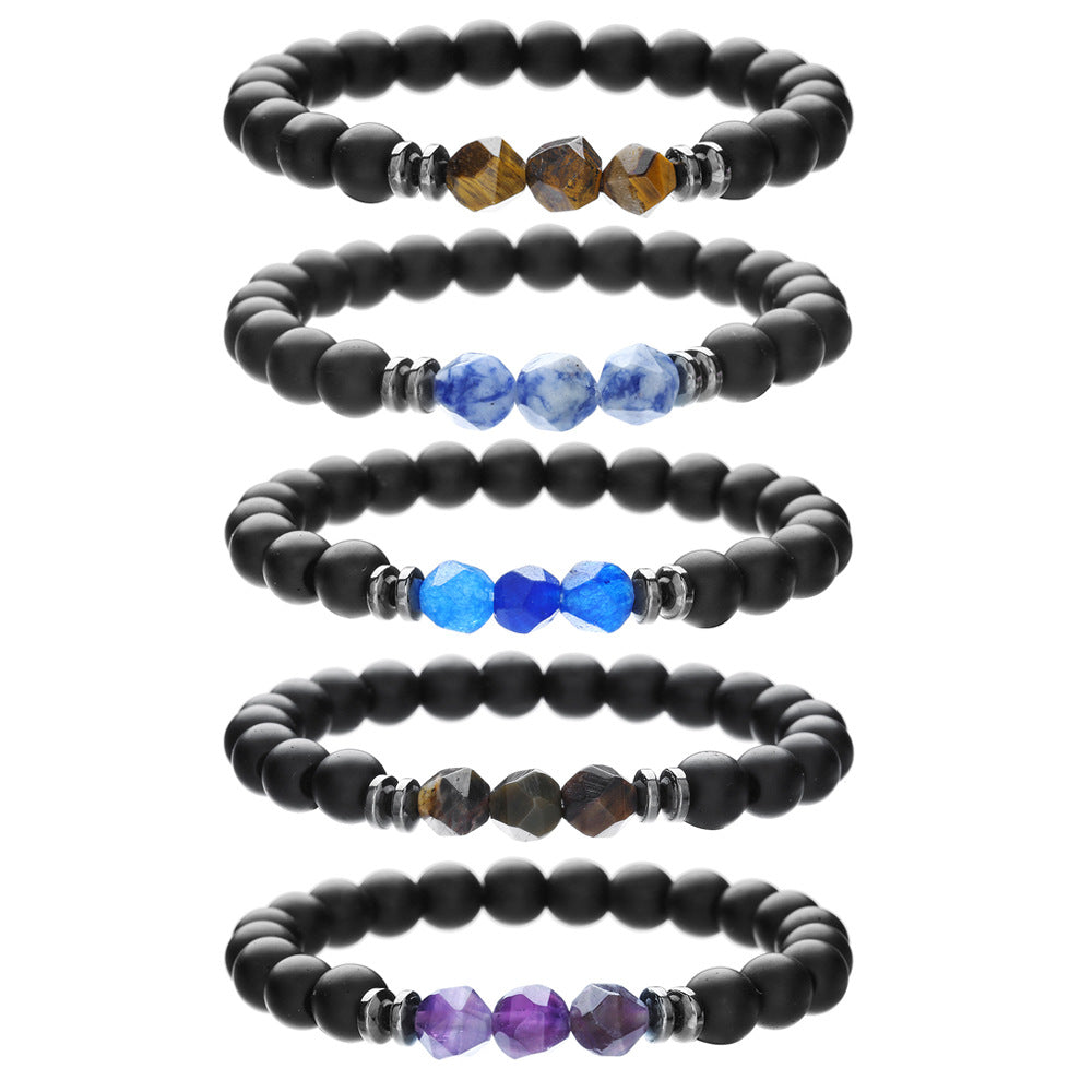 Simple Men's Cut Surface Black Agate Tigereye Blue Grain Stone Stretch Bracelet