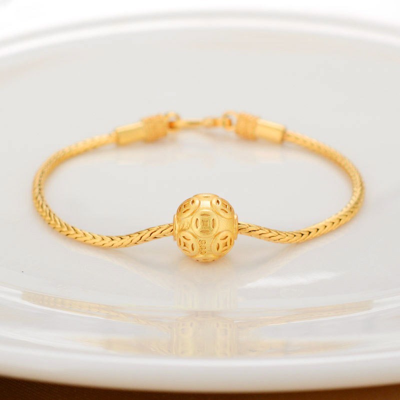 Pulsera de Cobre Puro Dorado Antiguo de Oro Aluvial con Cuentas de la Suerte y Tarjeta de Bendición