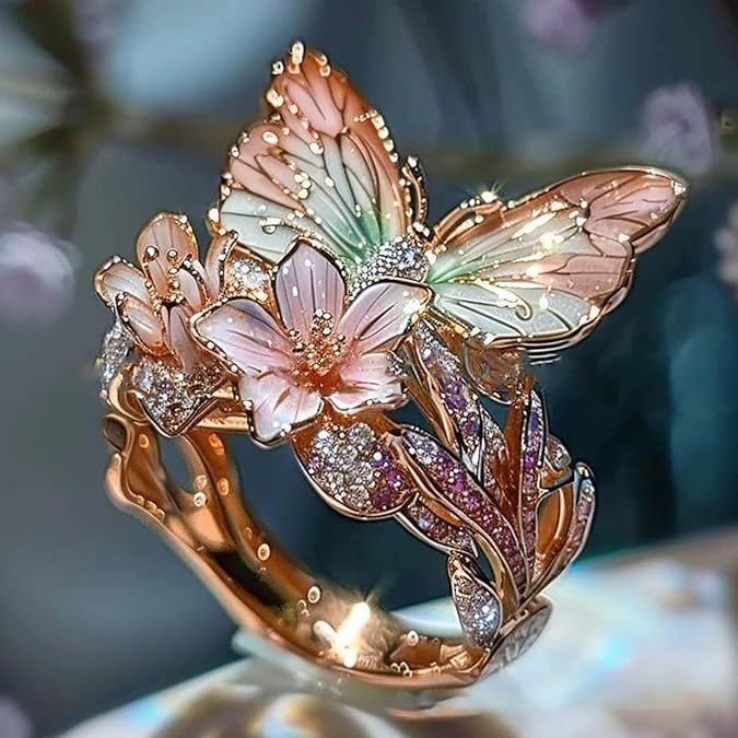 Anillo de mujer de mariposa y flor con aceite goteante, con incrustaciones de cristal 3D brillante, elegante, ajustable y transparente, chapado en oro, con diseño de animales e insectos, estilo estético, joyería de moda