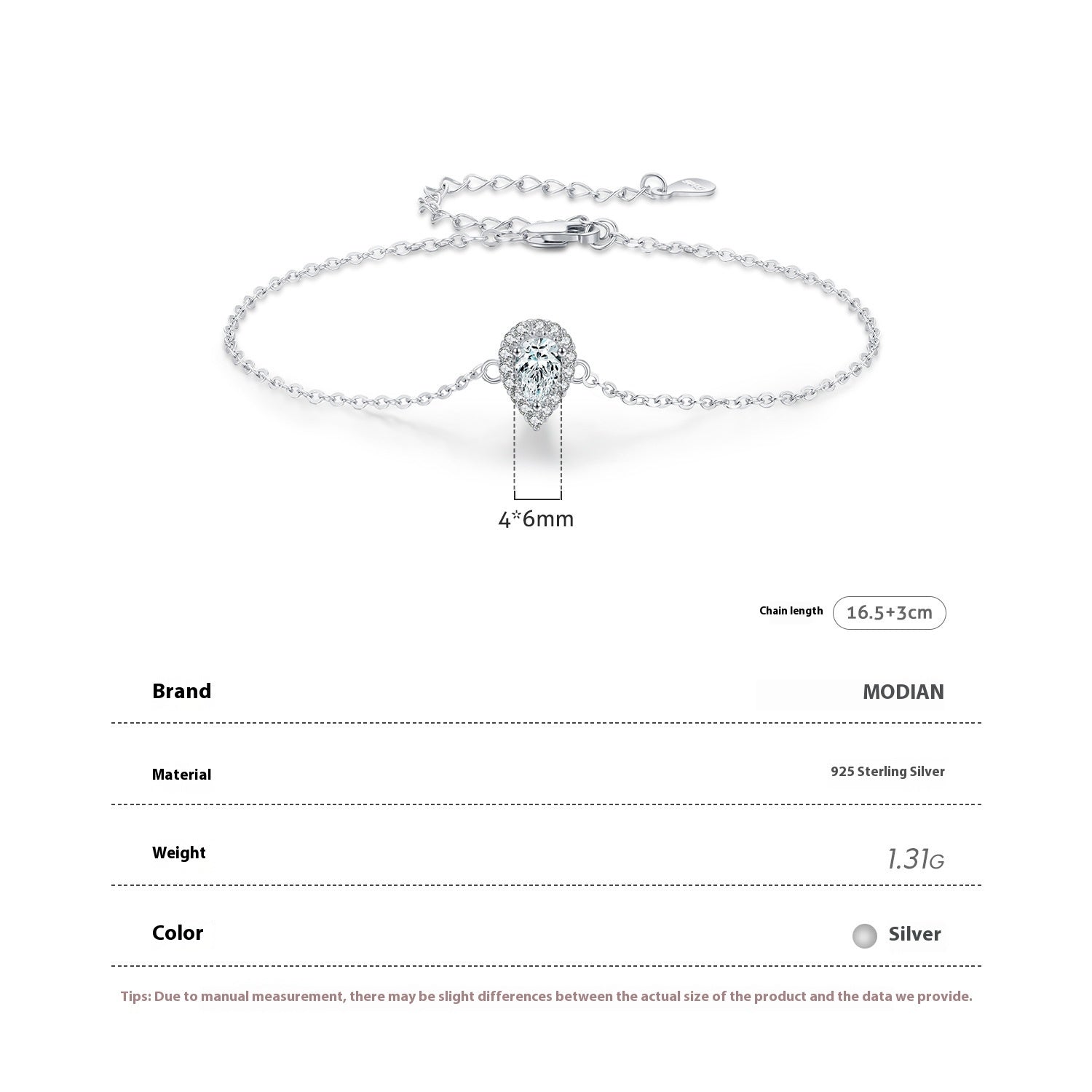 MODIAN MODIAN Pulsera de Plata de Ley 925 con Circonita Elegante en Forma de Gota