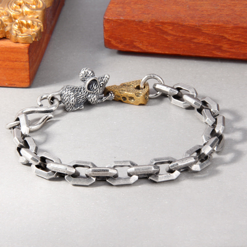 Pulsera de ratón vintage envejecida de plata de ley