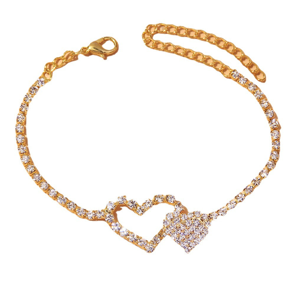 Tobillera de doble corazón con diamantes de imitación, superventas en Europa y América
