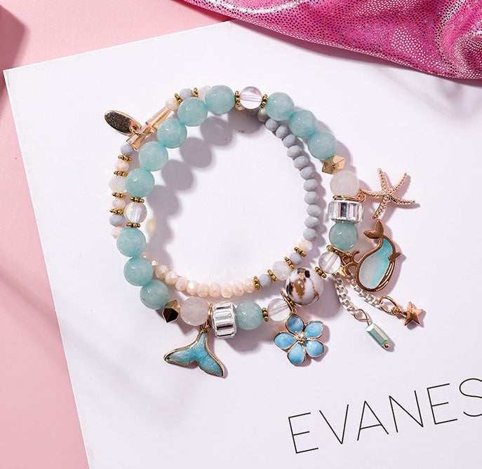 Pulsera cola de ballena doble elástico personalidad retro flor estrella de mar joyería de viento nacional