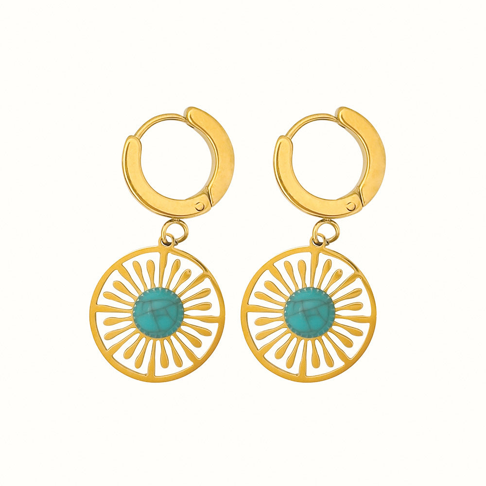 Pendientes huecos redondos geométricos turquesa retro francés