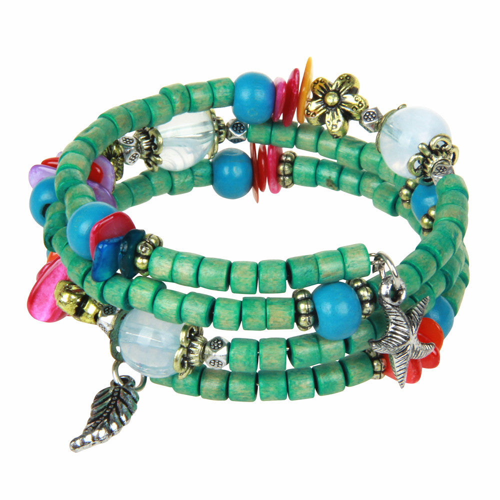 Nationaler Vintage-Holzarmreif aus buddhistischen Perlen, Muschel, Seestern-Anhänger, Holzarmband, Damenstil, Holzperlenarmband