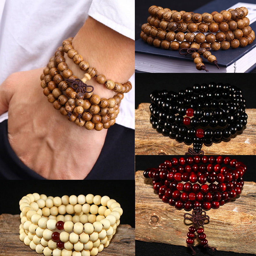 Pulseras y brazaletes anudados de ébano negro con cuentas para hombre
