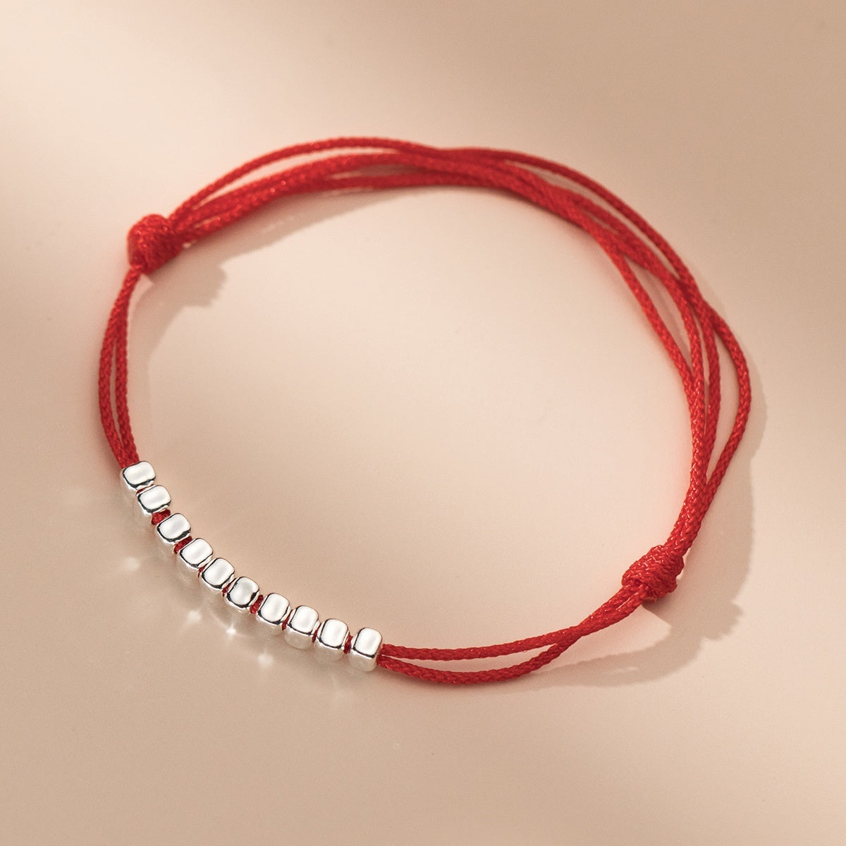 S925 Silver Simple 10 Square Sugar Particles Adjustable Red Rope Bracelet