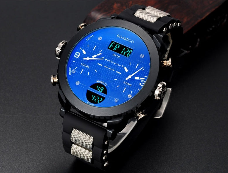 Herrenuhr Elektronische Quarz-Doppelanzeigeuhr 3 Zeitzonen Wasserdichte Uhr