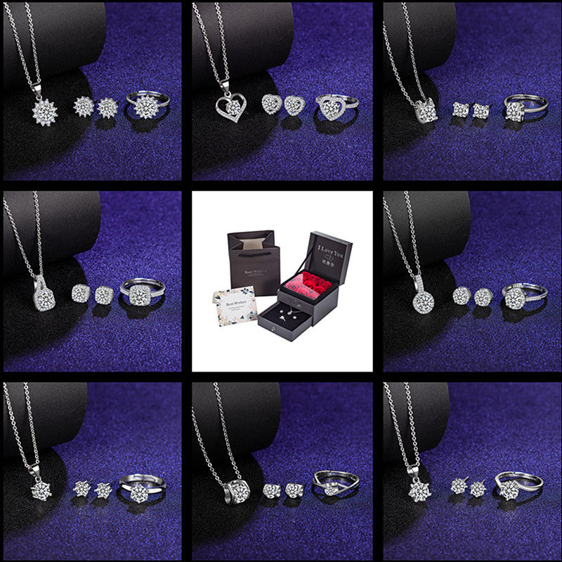 Sechs-Krallen-Moissanit-Ring-Ohrstecker-Halskette Damen-Schmuckset