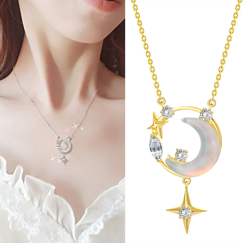 S925 Sterling Silber Stern Mond Halskette Damen Leichte Luxus-Minderheiten-Schlüsselbeinkette