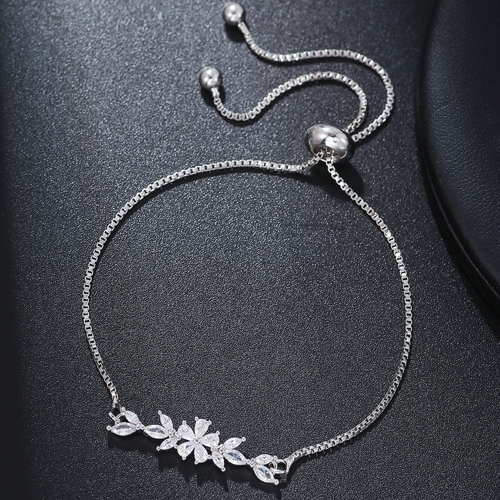 1pcs Fashionable Zircon Bracelet Silver Flower Leaf Drawstring Design Chain Inlaid Gold-plated Bracelet Suitable For Women's Daily Holiday Wear