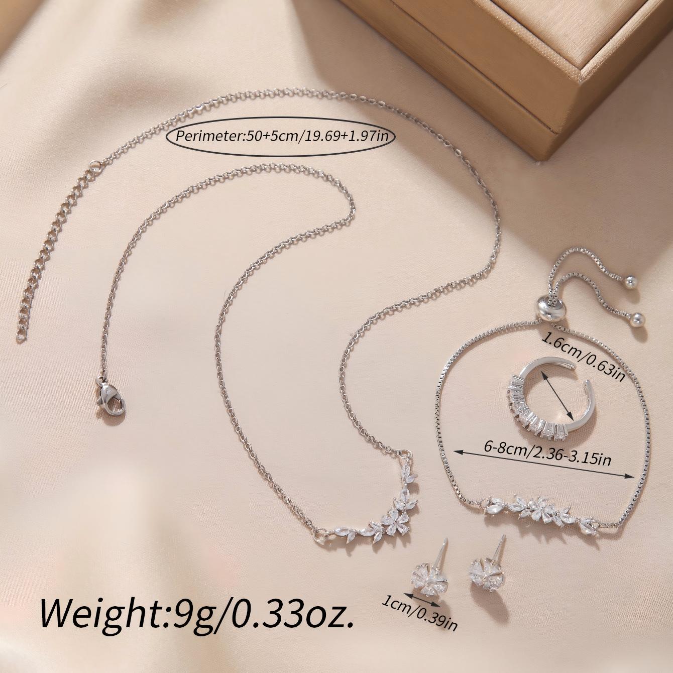 Schlichtes, elegantes Zirkon-Schmuckset, silberne Blumenkette, exquisite Ohrringe, Armband, Ring, geeignet für den täglichen Gebrauch von Frauen im Urlaub