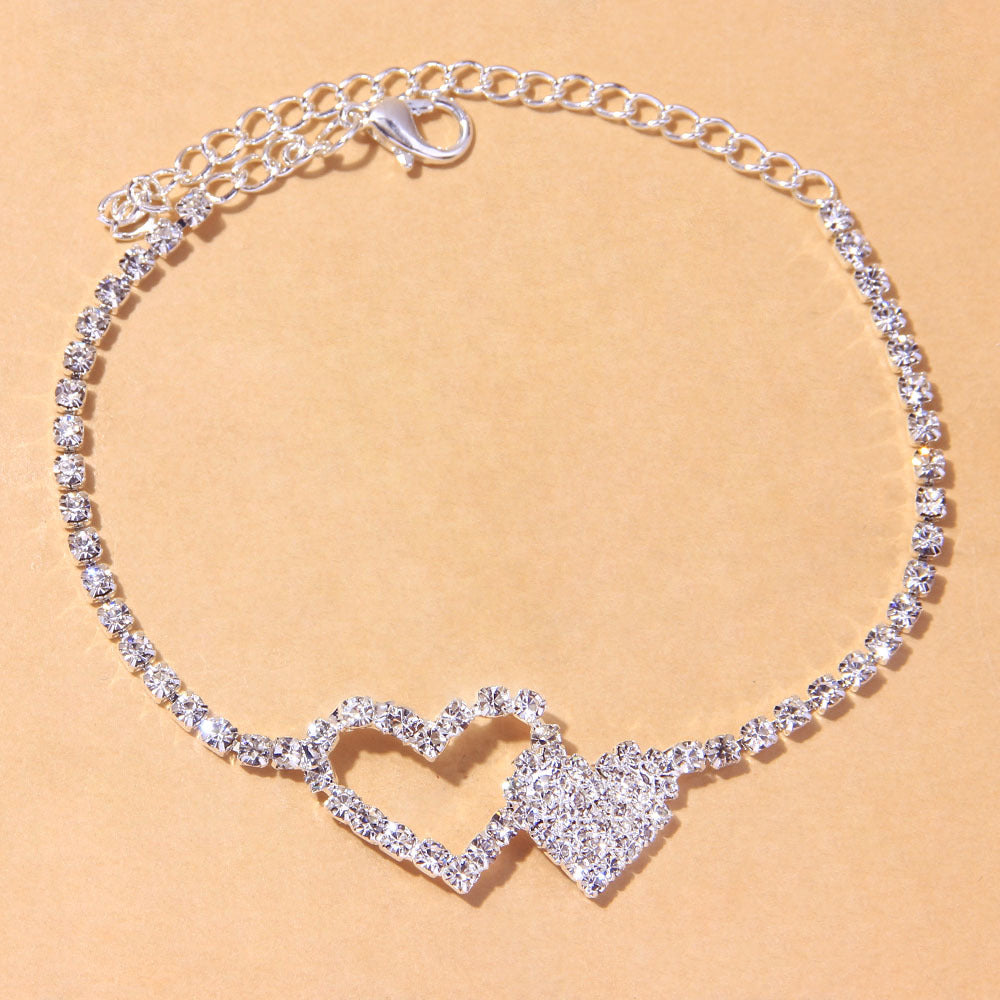 Tobillera de doble corazón con diamantes de imitación, superventas en Europa y América