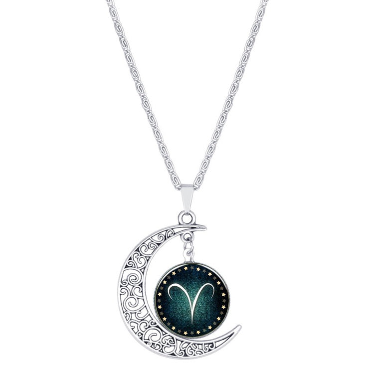 Vintage Schmuck Silberfarben mit Sternzeichen Glas Cabochon Choker Halbmond Anhänger Lange Halskette für Damen Weihnachtsgeschenk