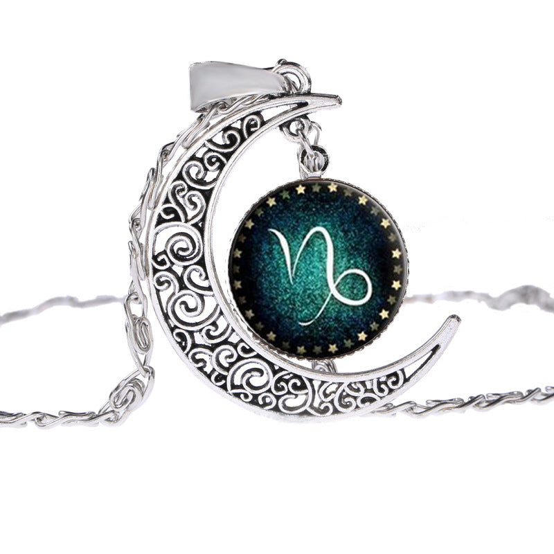 Vintage Schmuck Silberfarben mit Sternzeichen Glas Cabochon Choker Halbmond Anhänger Lange Halskette für Damen Weihnachtsgeschenk