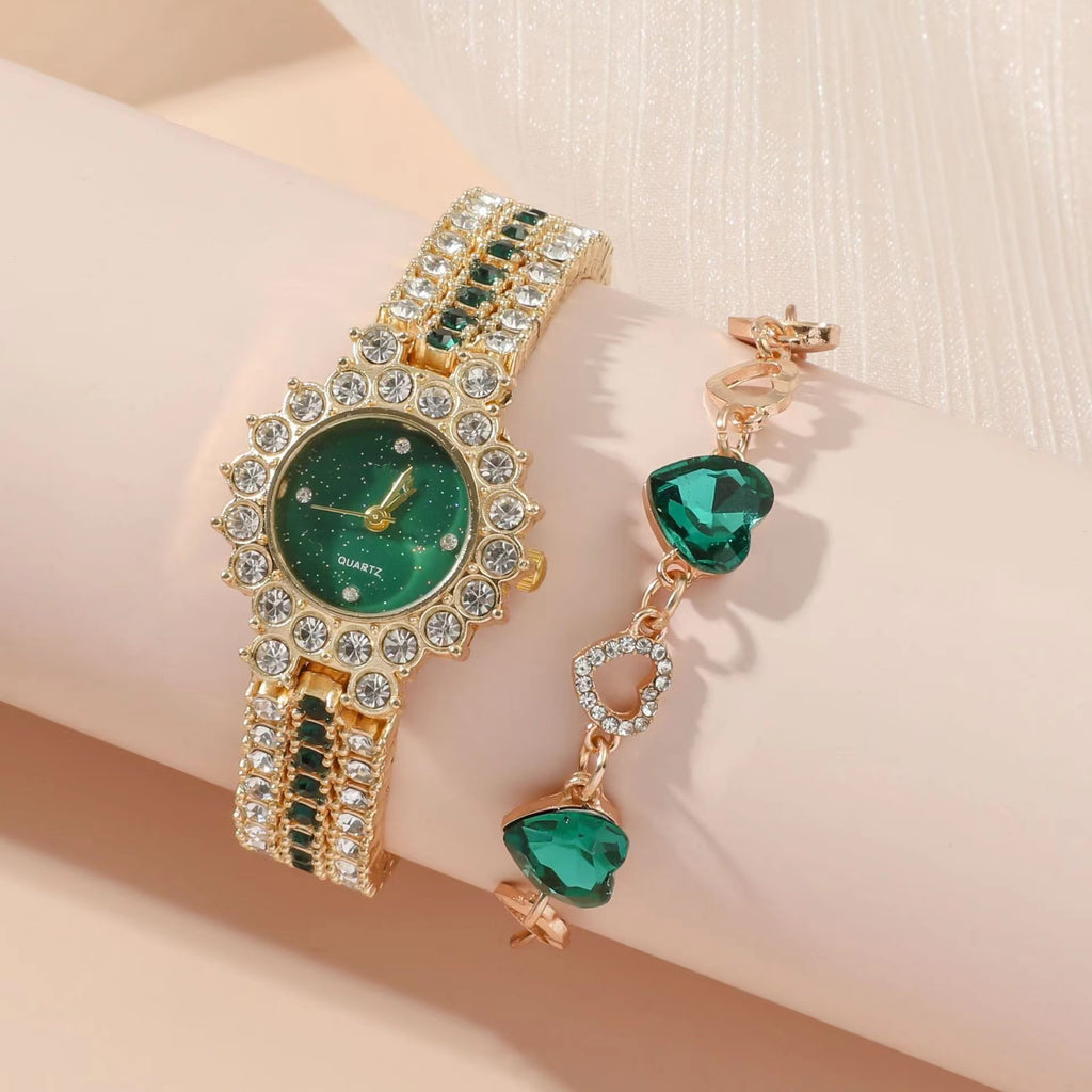 Beliebte kleine grüne Damen-Stahlband-Quarzuhr Ring Geschenkset Verpacktes Fünfteiliges Set